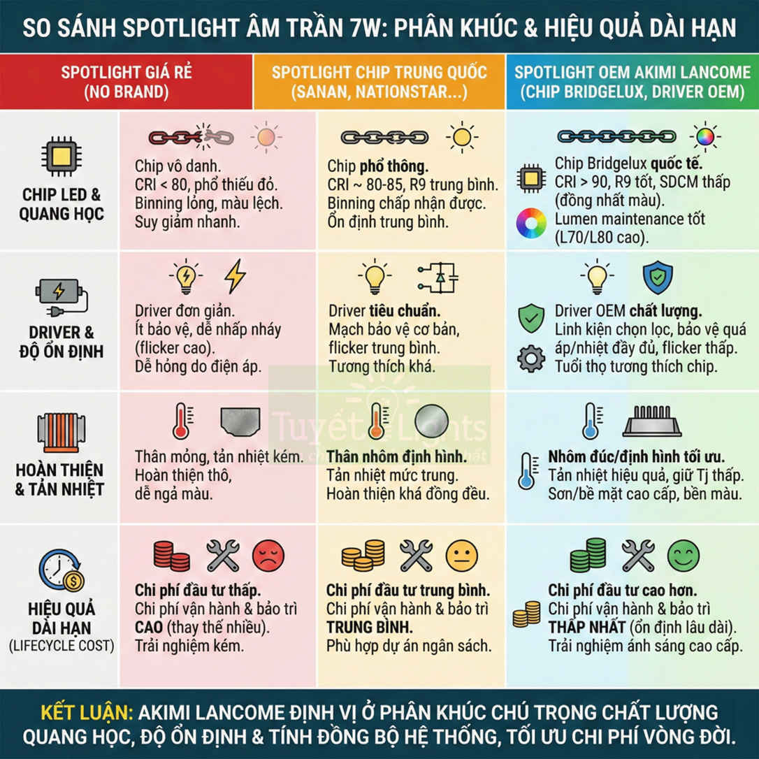 Bảng so sánh spotlight âm trần 7W giá rẻ, chip Trung Quốc và spotlight Akimi Lancome về chip, driver, tản nhiệt, chi phí