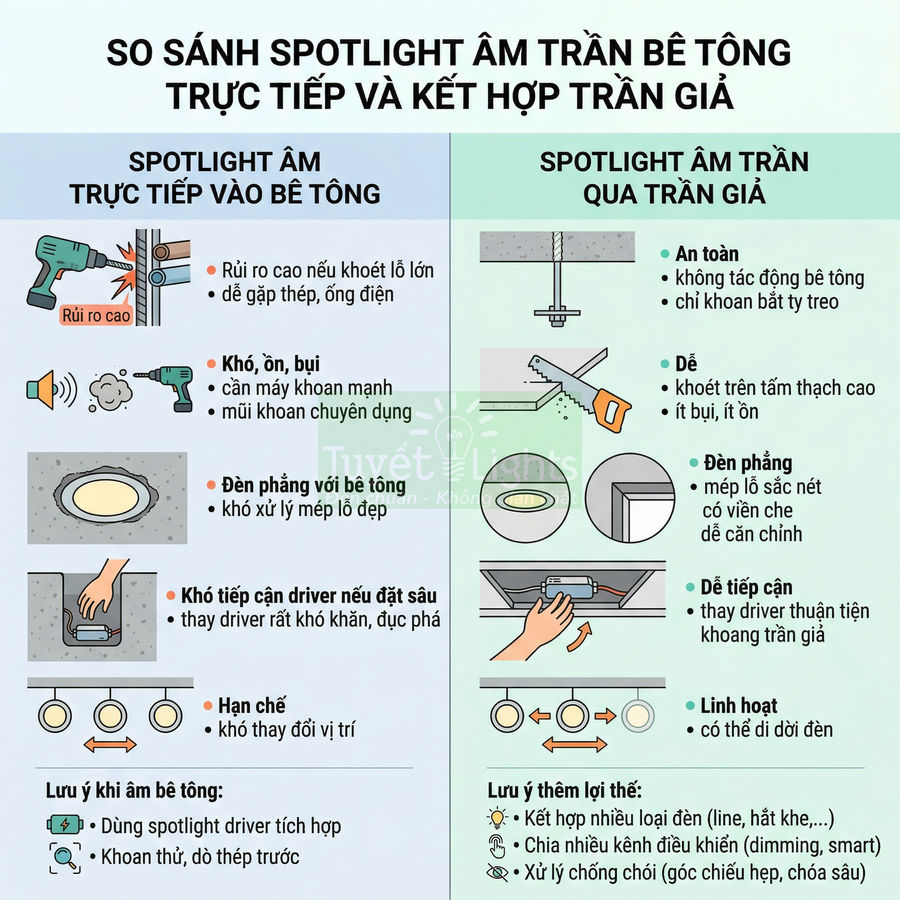 So sánh ưu nhược điểm lắp đèn spotlight âm trần bê tông trực tiếp và qua trần giả