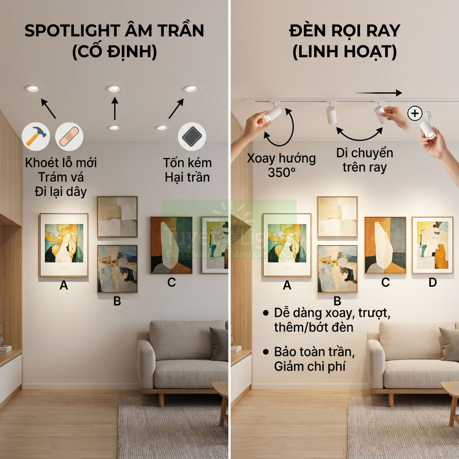 So sánh spotlight âm trần cố định và đèn rọi ray linh hoạt chiếu tranh trang trí phòng khách