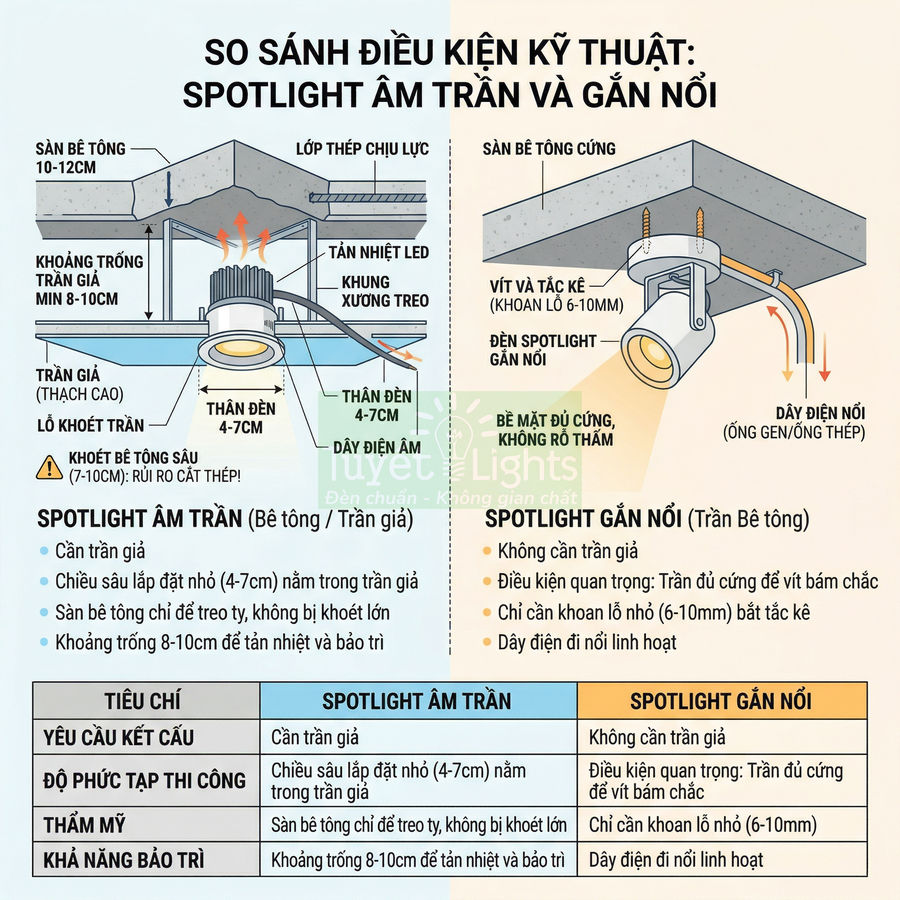 So sánh điều kiện lắp đặt đèn spotlight âm trần và spotlight gắn nổi cho trần bê tông