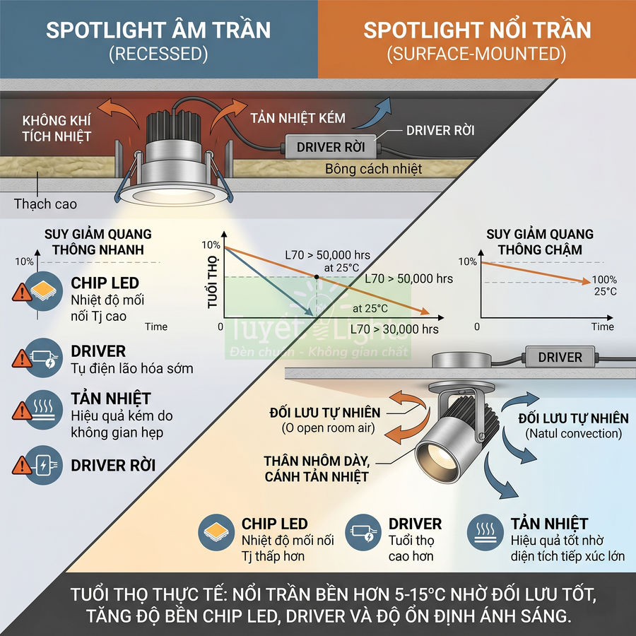So sánh cấu tạo và tản nhiệt đèn spotlight âm trần và spotlight nổi trần dùng chip LED và driver rời