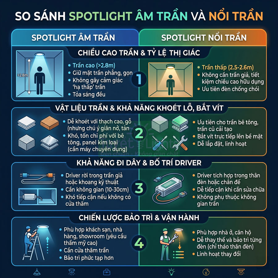 Infographic so sánh ưu nhược điểm spotlight âm trần và spotlight nổi trần cho các loại trần nhà