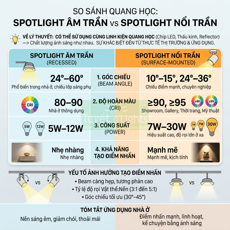 Bảng so sánh spotlight âm trần và spotlight nổi trần về góc chiếu, CRI, công suất và khả năng tạo điểm nhấn ánh sáng