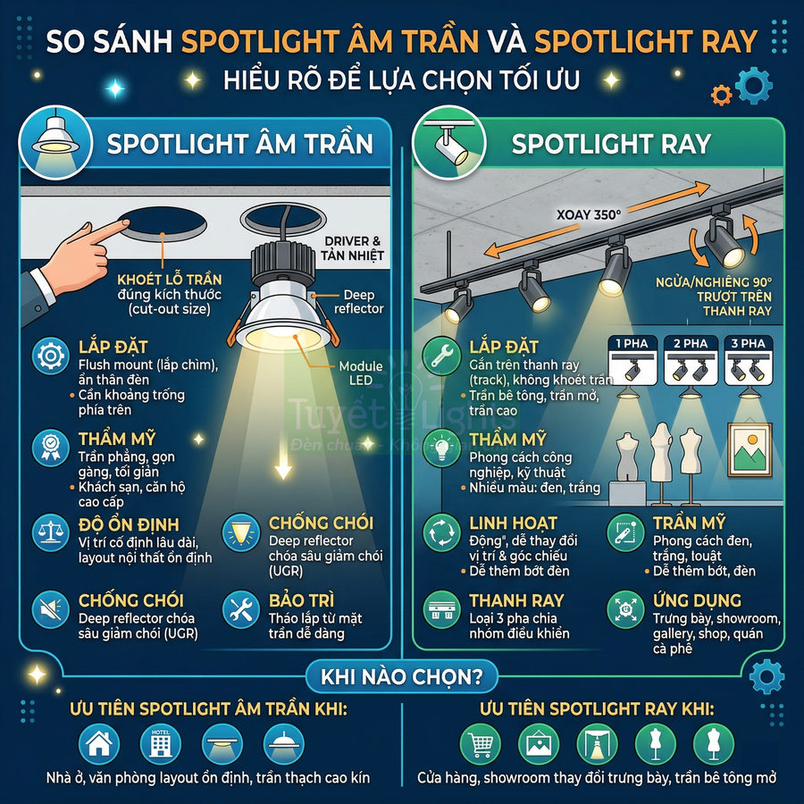 Infographic so sánh spotlight âm trần và spotlight ray, minh họa cấu tạo, cách lắp đặt và ứng dụng chiếu sáng