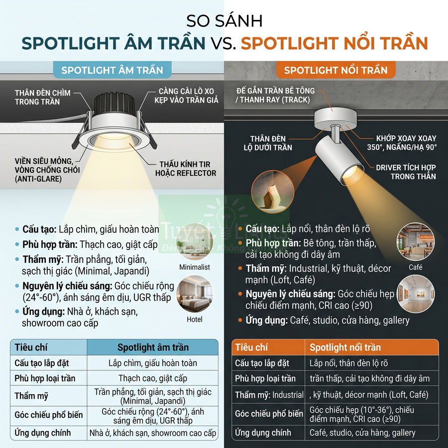 So sánh đèn spotlight âm trần và spotlight nổi trần, cấu tạo, ưu điểm và ứng dụng chiếu sáng nội thất