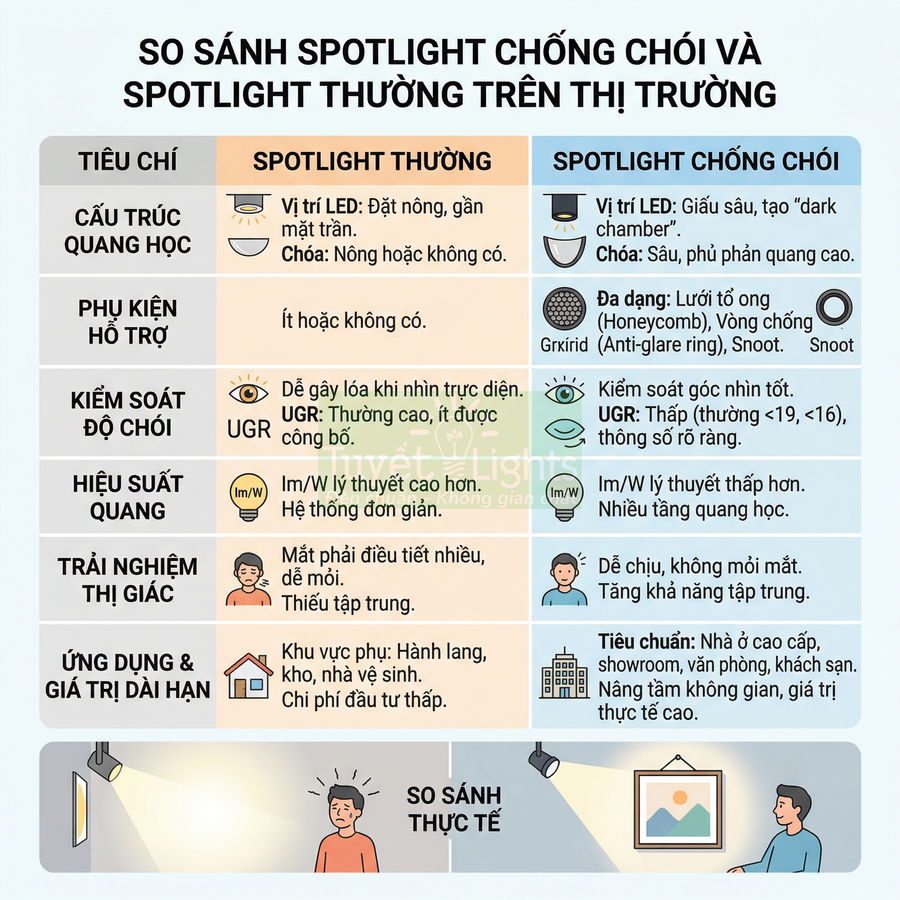 Bảng so sánh spotlight chống chói và spotlight thường về cấu trúc quang học, phụ kiện, độ chói, hiệu suất và ứng dụng
