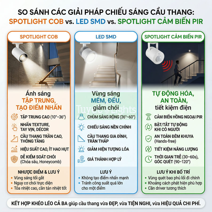 Infographic so sánh đèn spotlight COB, LED SMD và spotlight cảm biến PIR cho chiếu sáng cầu thang