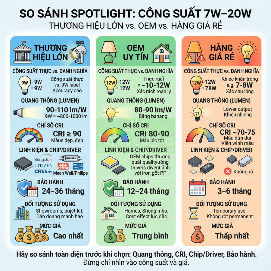 Infographic so sánh đèn spotlight 7W–20W: thương hiệu lớn, OEM uy tín và hàng giá rẻ về công suất, quang thông, CRI, bảo hành