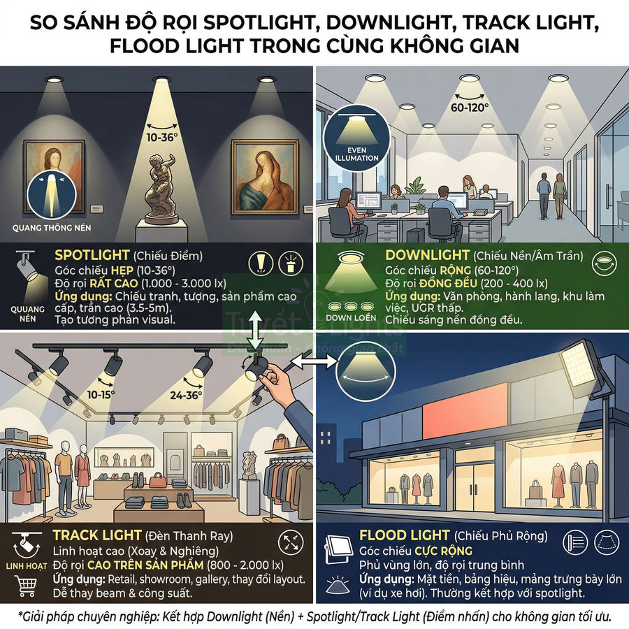 So sánh độ rọi và ứng dụng đèn spotlight, downlight, track light, flood light trong không gian nội thất và mặt tiền cửa hàng