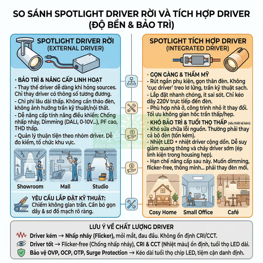 So sánh spotlight driver rời và spotlight tích hợp driver về độ bền, bảo trì và ứng dụng chiếu sáng trong nhà