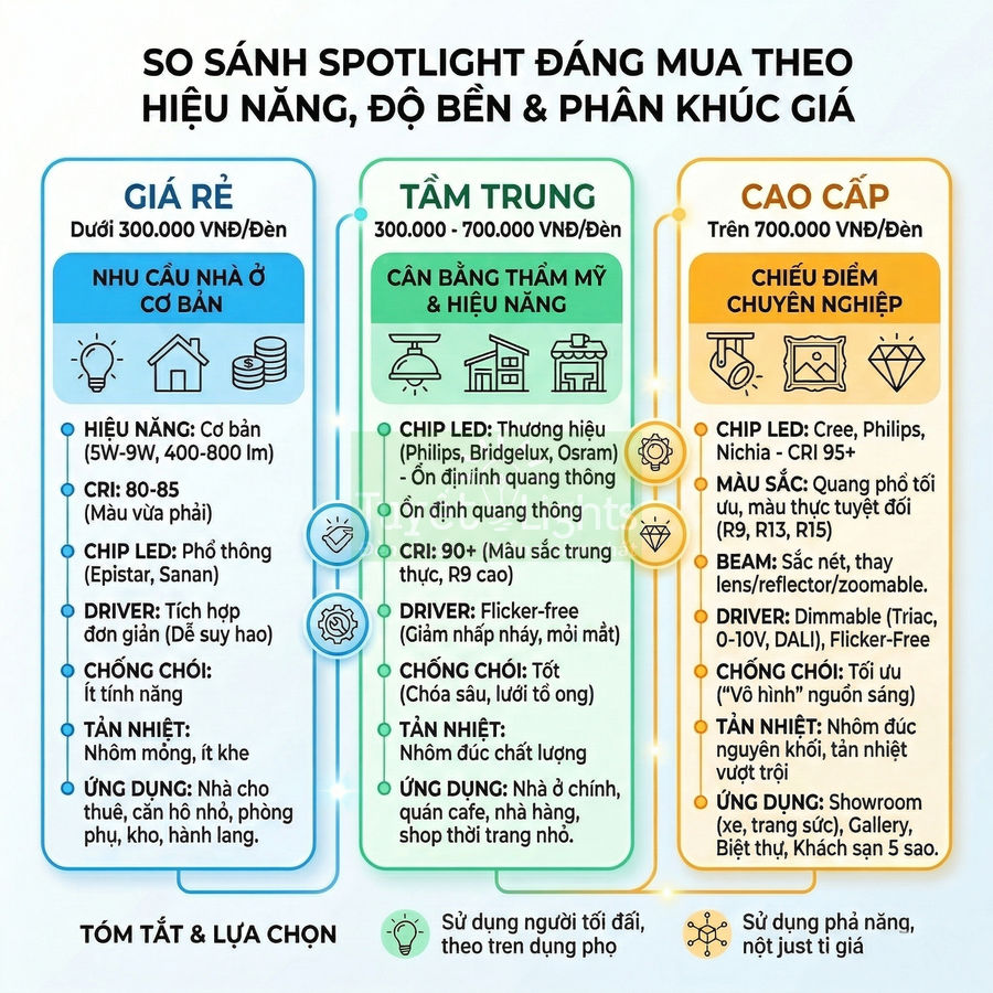 Bảng so sánh các loại đèn LED spotlight giá rẻ, tầm trung và cao cấp theo hiệu năng, độ bền và ứng dụng