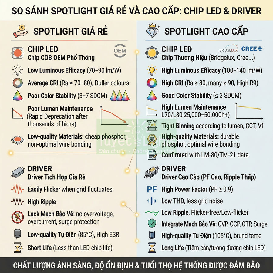 So sánh spotlight giá rẻ và spotlight cao cấp về chip LED và driver, nêu rõ ưu nhược điểm từng loại