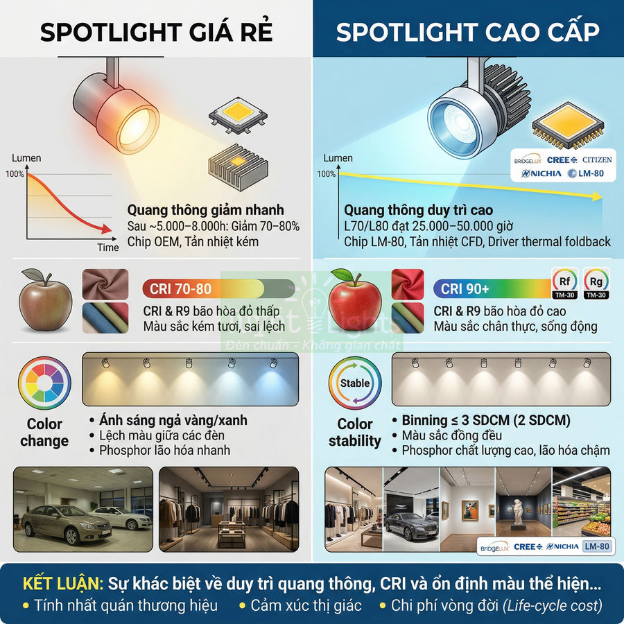So sánh spotlight giá rẻ và spotlight cao cấp về quang thông, CRI, độ ổn định màu và ứng dụng chiếu sáng