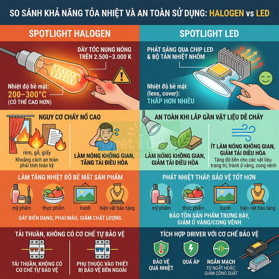 Infographic so sánh spotlight halogen và spotlight LED về tỏa nhiệt, an toàn, bảo vệ sản phẩm và tiết kiệm điện