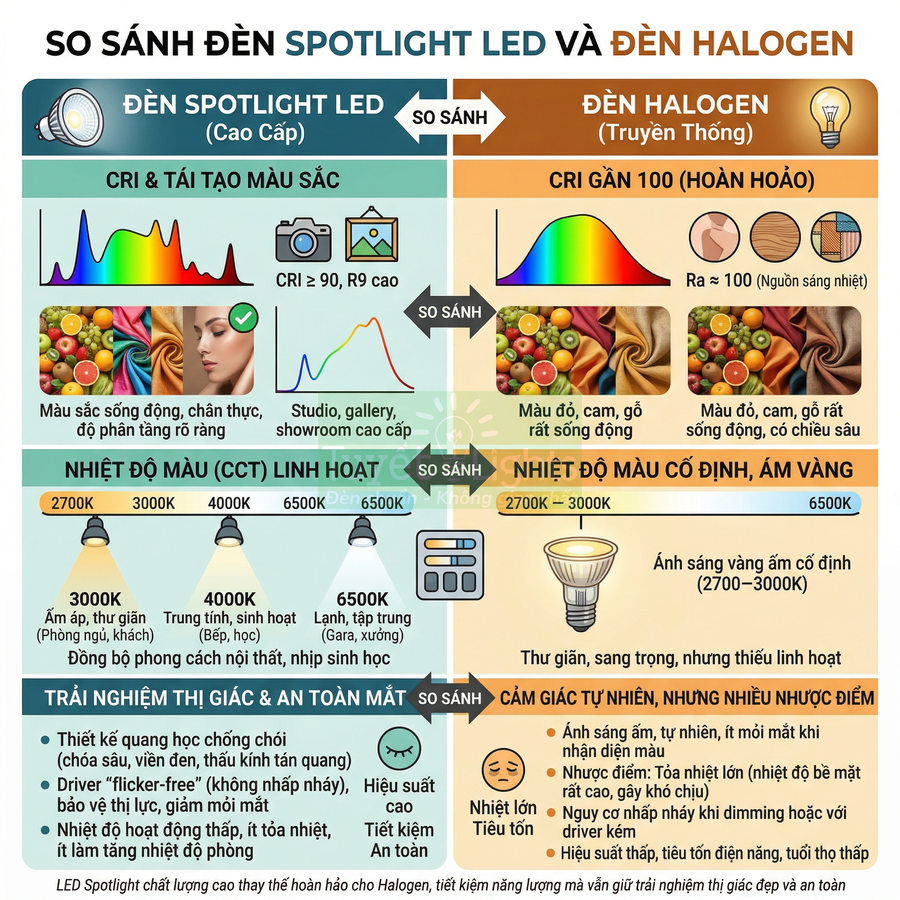 Infographic so sánh đèn spotlight LED cao cấp và đèn halogen về CRI, nhiệt độ màu, trải nghiệm thị giác