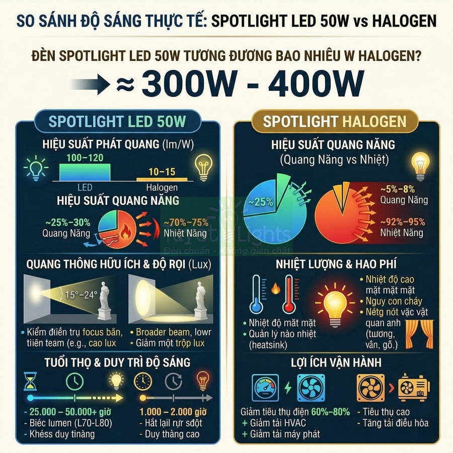 Infographic so sánh đèn spotlight LED 50W và đèn halogen về độ sáng, hiệu suất, nhiệt lượng và tuổi thọ