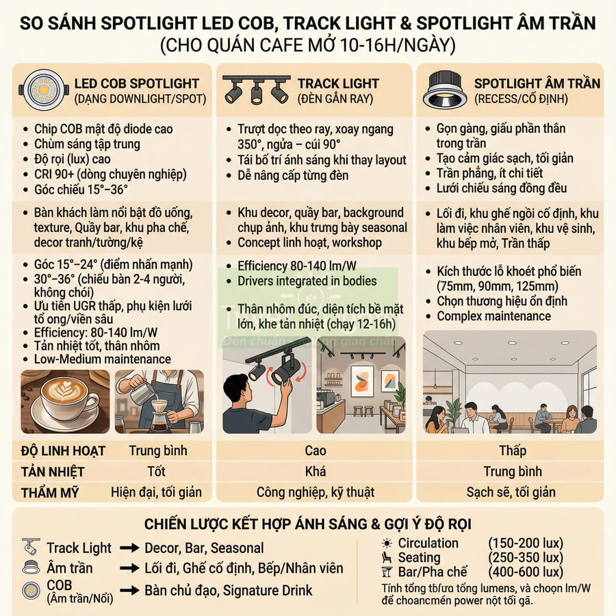 So sánh đèn LED COB spotlight, track light và spotlight âm trần cho quán cafe, kèm gợi ý bố trí ánh sáng