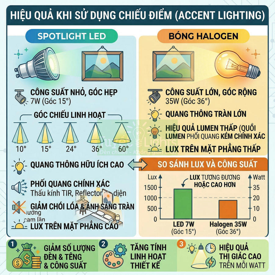 So sánh hiệu quả chiếu điểm giữa đèn spotlight LED 7W và bóng halogen 35W bằng biểu đồ minh họa