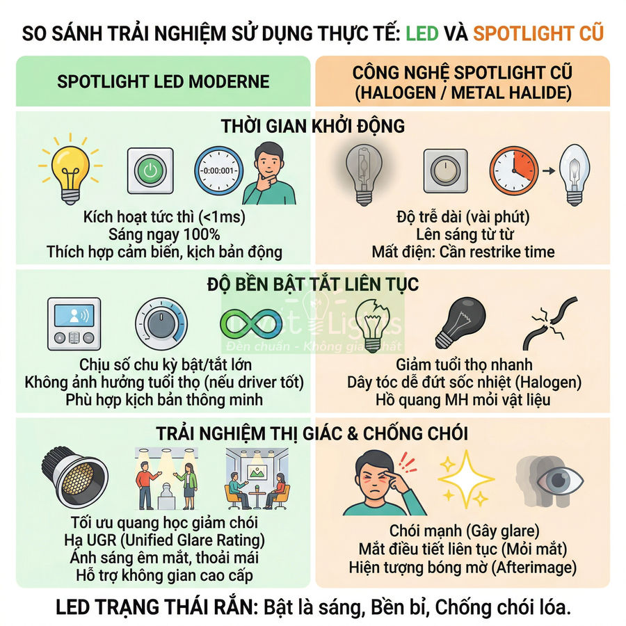Infographic so sánh trải nghiệm sử dụng spotlight LED với công nghệ spotlight cũ về khởi động, độ bền và độ chói