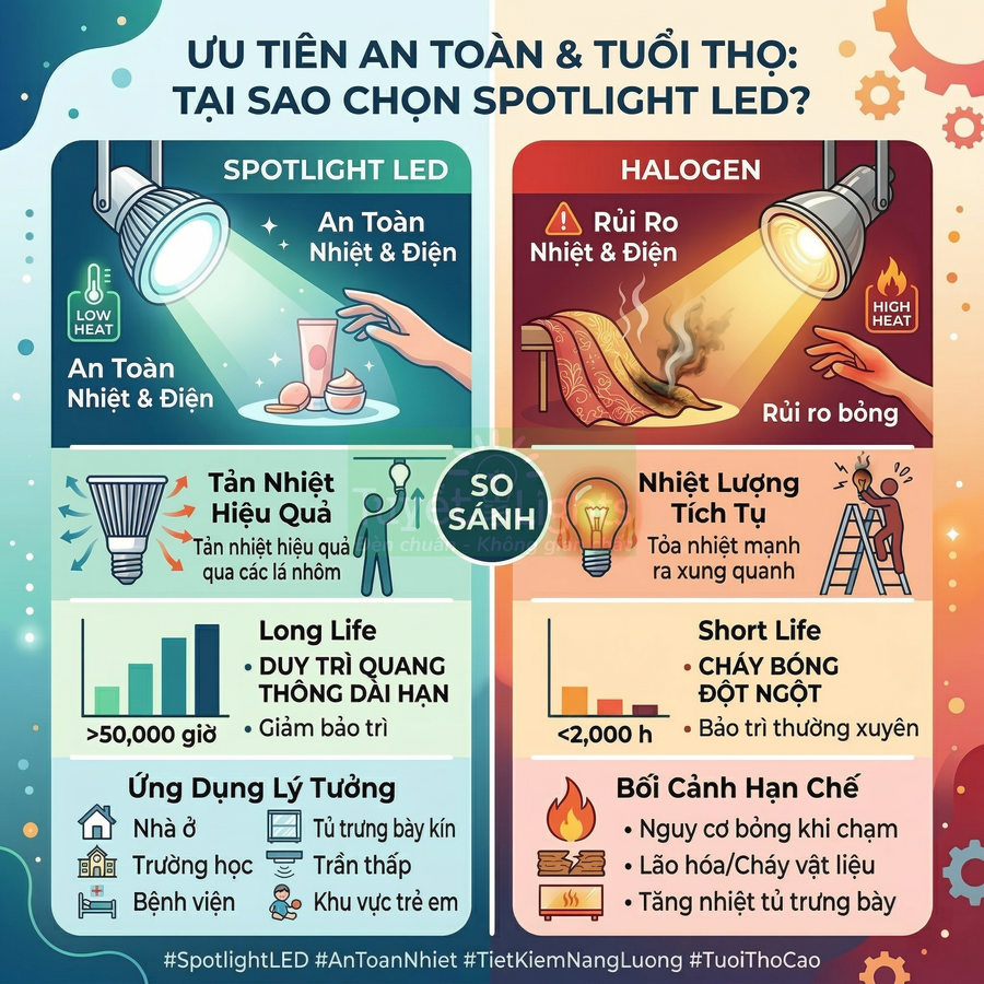 Infographic so sánh spotlight LED an toàn, tuổi thọ cao với đèn halogen nóng, dễ cháy và nhanh hỏng