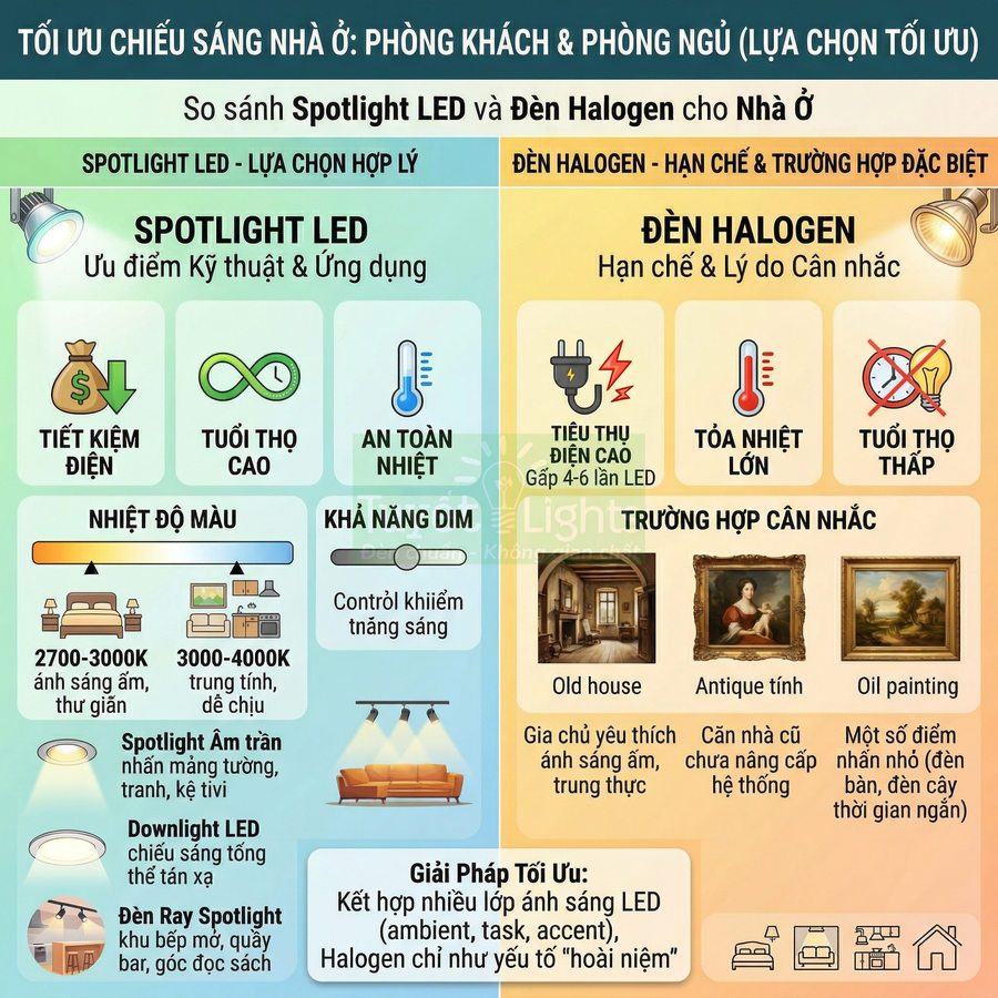 Infographic so sánh spotlight LED và đèn halogen cho phòng khách, phòng ngủ, ưu điểm tiết kiệm điện và tuổi thọ cao