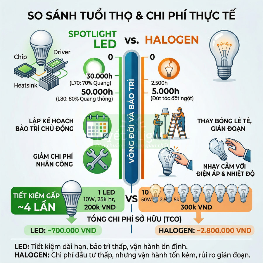 Infographic so sánh tuổi thọ, chi phí và lợi ích giữa đèn spotlight LED và đèn halogen