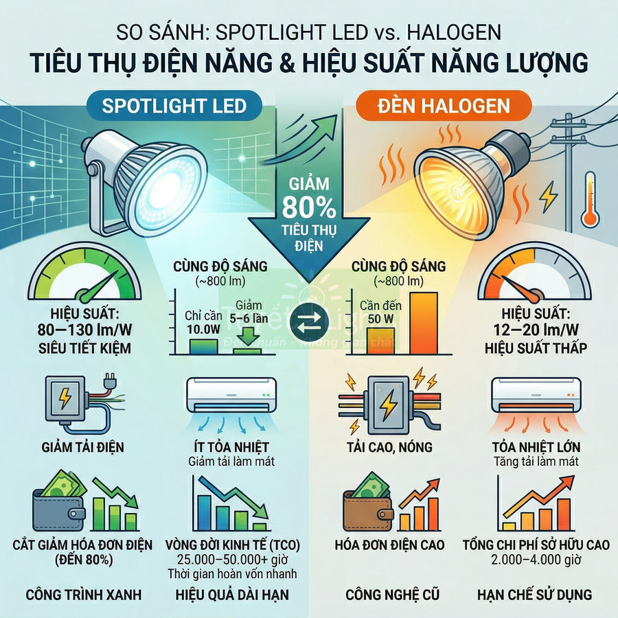 Infographic so sánh đèn spotlight LED và đèn halogen về tiêu thụ điện năng và hiệu suất năng lượng