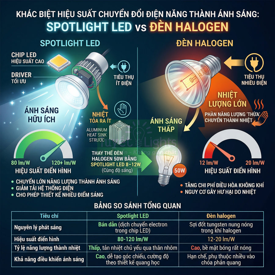 So sánh hiệu suất chuyển đổi điện năng thành ánh sáng giữa đèn spotlight LED và đèn halogen