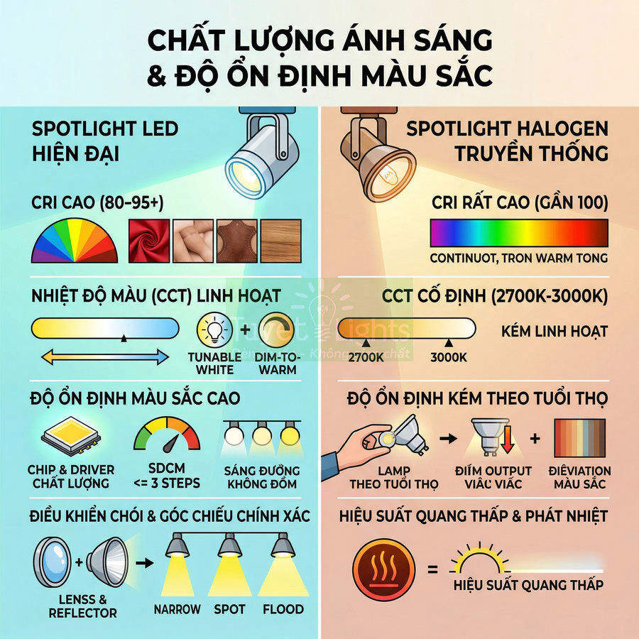 So sánh chất lượng ánh sáng spotlight LED hiện đại và spotlight halogen truyền thống trong chiếu sáng nội thất