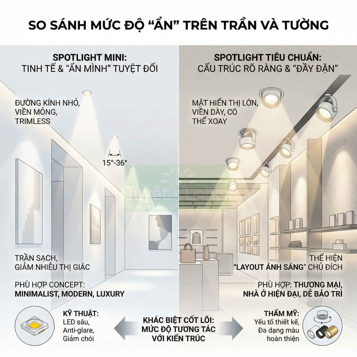 So sánh spotlight mini âm trần tinh tế với spotlight tiêu chuẩn nổi trên trần trong không gian nội thất hiện đại