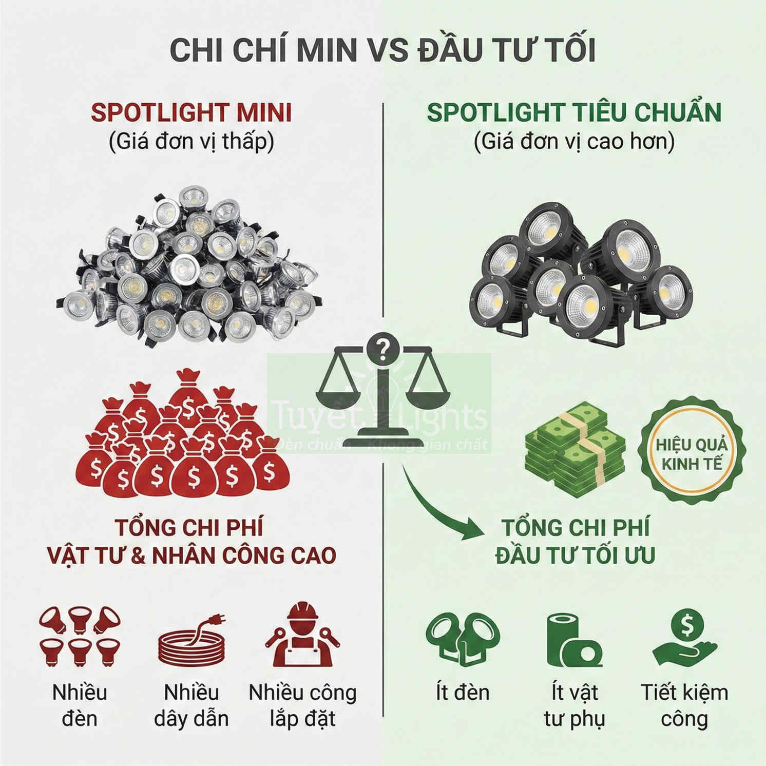 So sánh spotlight mini giá rẻ với spotlight tiêu chuẩn, nhấn mạnh chi phí đầu tư tối ưu và hiệu quả kinh tế