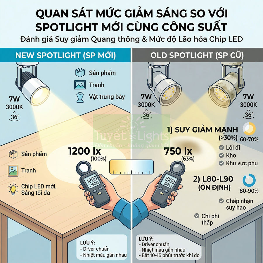 So sánh độ sáng spotlight LED mới và spotlight LED cũ 7W 3000K trên bàn trưng bày sản phẩm
