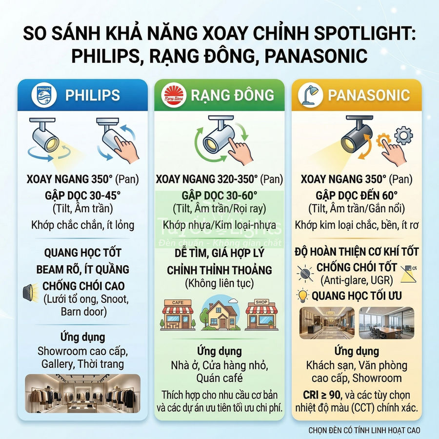 So sánh khả năng xoay chỉnh đèn spotlight Philips, Rạng Đông, Panasonic cho showroom, nhà ở, văn phòng