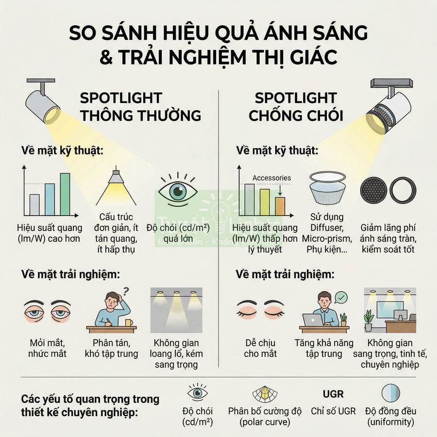 So sánh spotlight thông thường và spotlight chống chói về hiệu quả ánh sáng và trải nghiệm thị giác