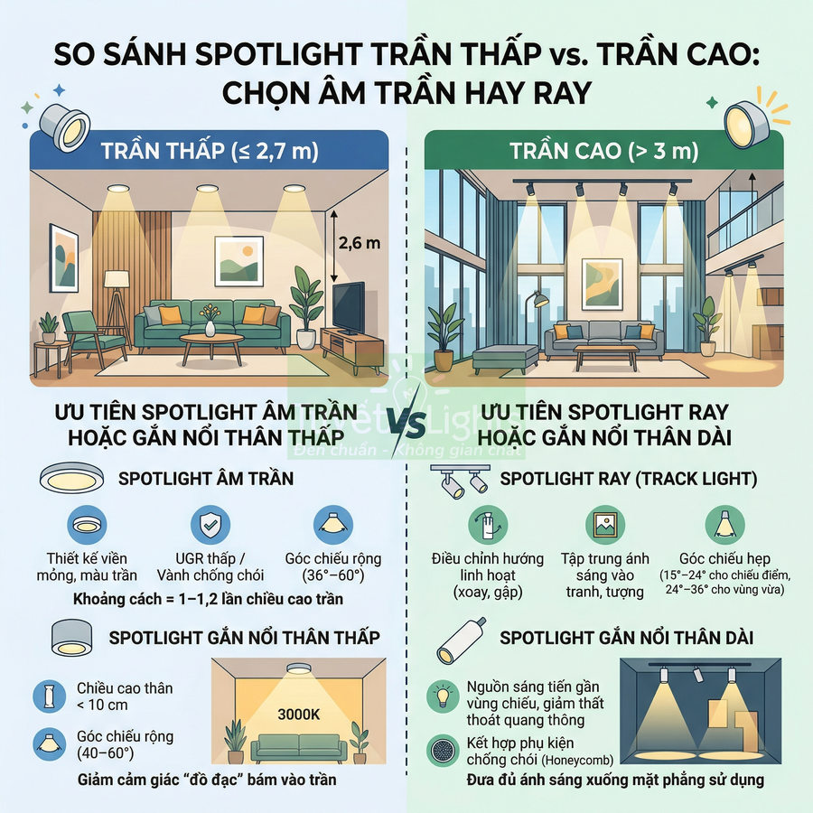 Infographic so sánh spotlight âm trần và spotlight ray cho trần thấp và trần cao trong phòng khách hiện đại