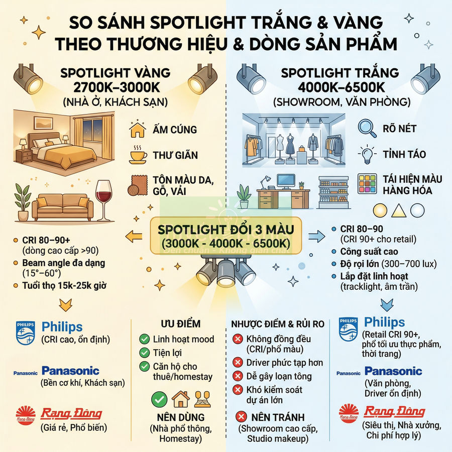 So sánh spotlight trắng vàng 2700K 6500K của Philips Panasonic Rạng Đông cho nhà ở showroom văn phòng