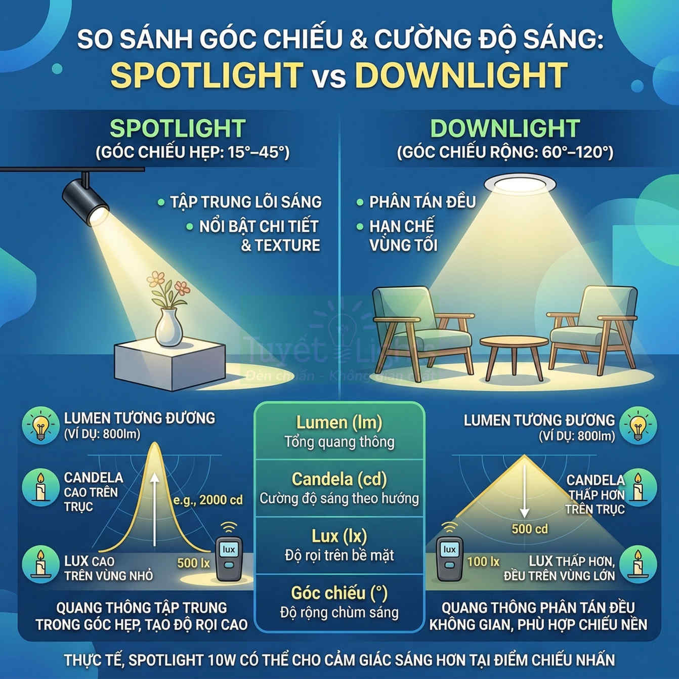 So sánh góc chiếu và cường độ sáng đèn spotlight và downlight cho chiếu điểm và chiếu nền
