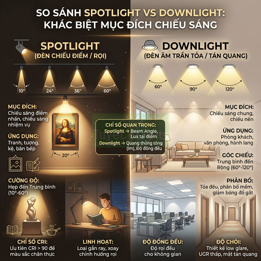 Infographic so sánh đèn spotlight chiếu điểm và đèn downlight âm trần cho các không gian nội thất