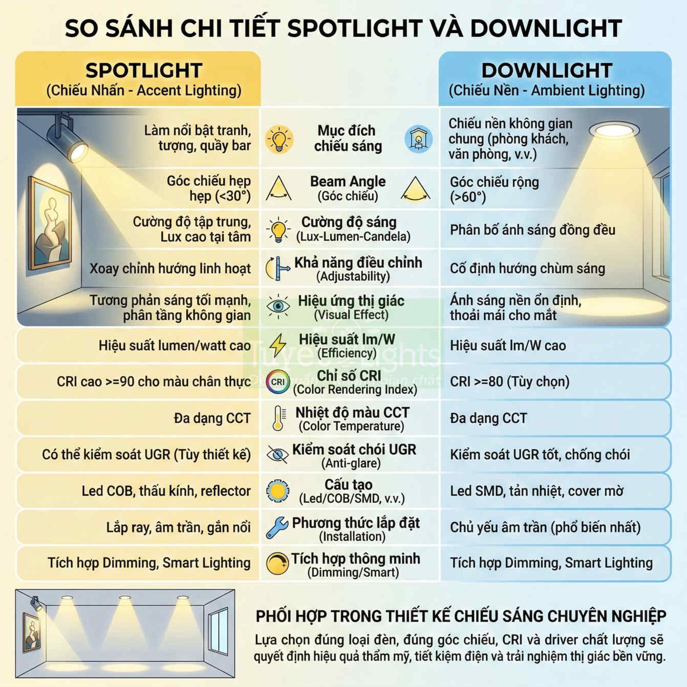 Sự khác nhau giữa đèn spotlight và downlight