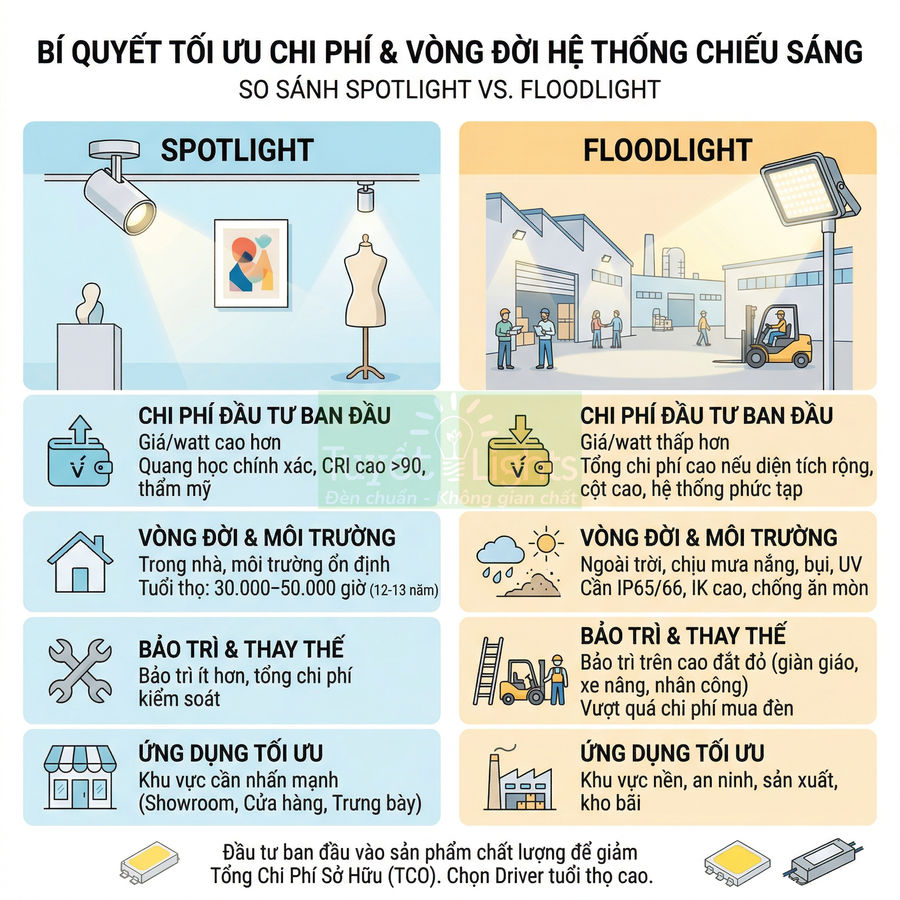 Infographic so sánh đèn spotlight và floodlight về chi phí đầu tư, vòng đời, bảo trì và ứng dụng chiếu sáng
