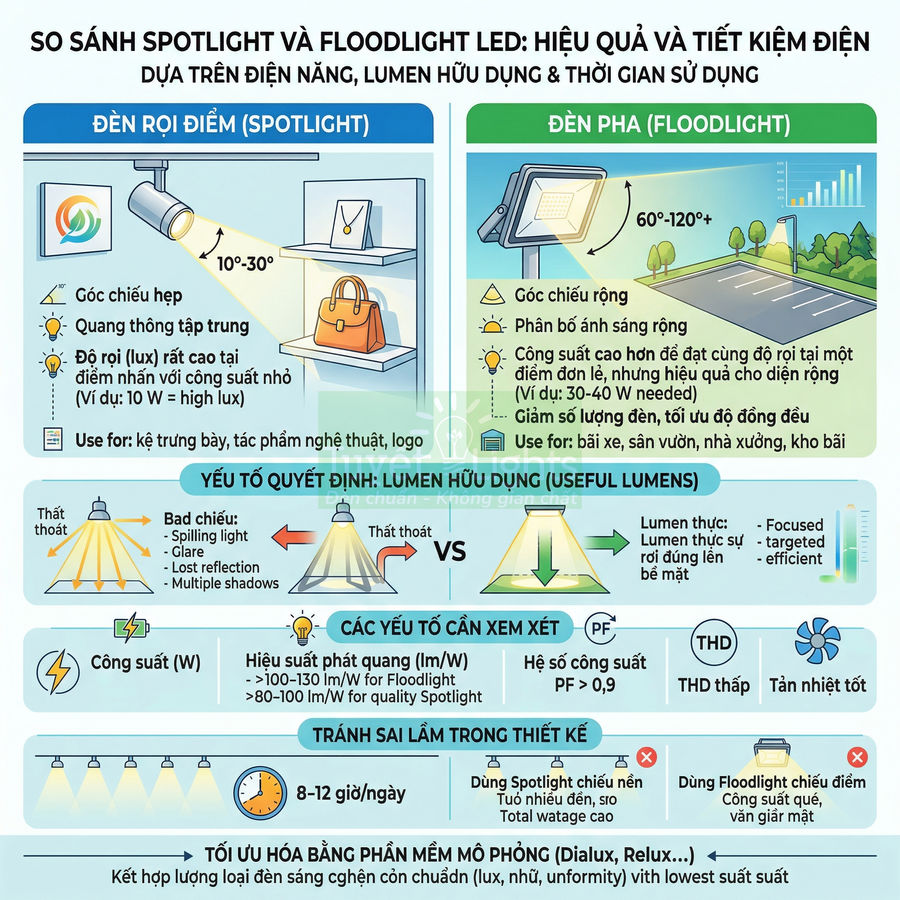 Infographic so sánh đèn LED spotlight và floodlight về góc chiếu, lumen hữu dụng, công suất và ứng dụng chiếu sáng