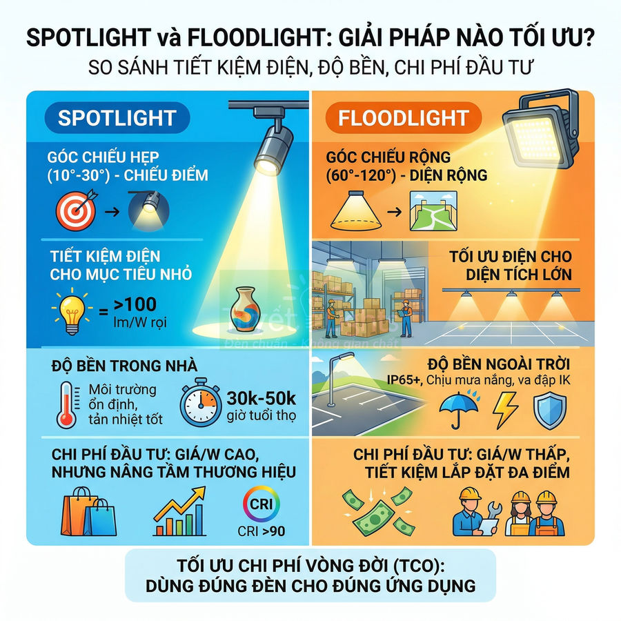 Infographic so sánh đèn LED spotlight và floodlight về góc chiếu, tiết kiệm điện, độ bền và chi phí đầu tư