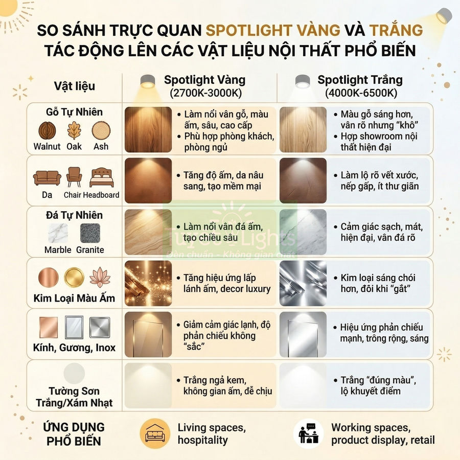 Bảng so sánh tác động của spotlight vàng và spotlight trắng lên các vật liệu nội thất phổ biến