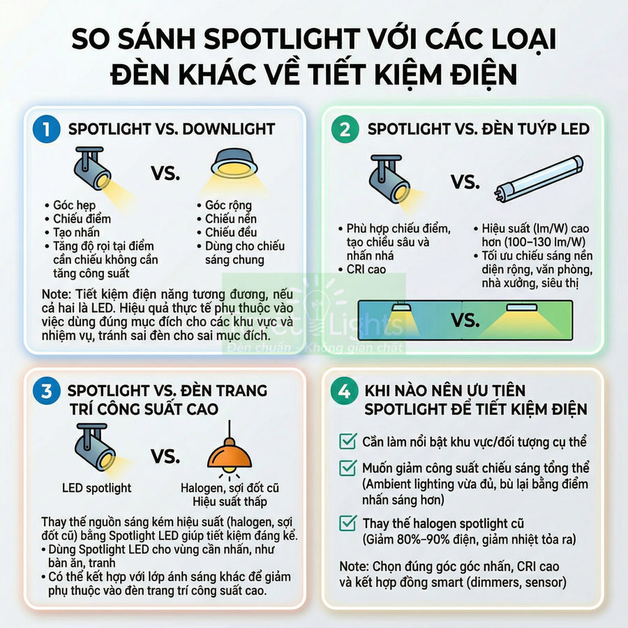 Infographic so sánh spotlight với downlight, đèn tuýp LED và đèn trang trí công suất cao về khả năng tiết kiệm điện