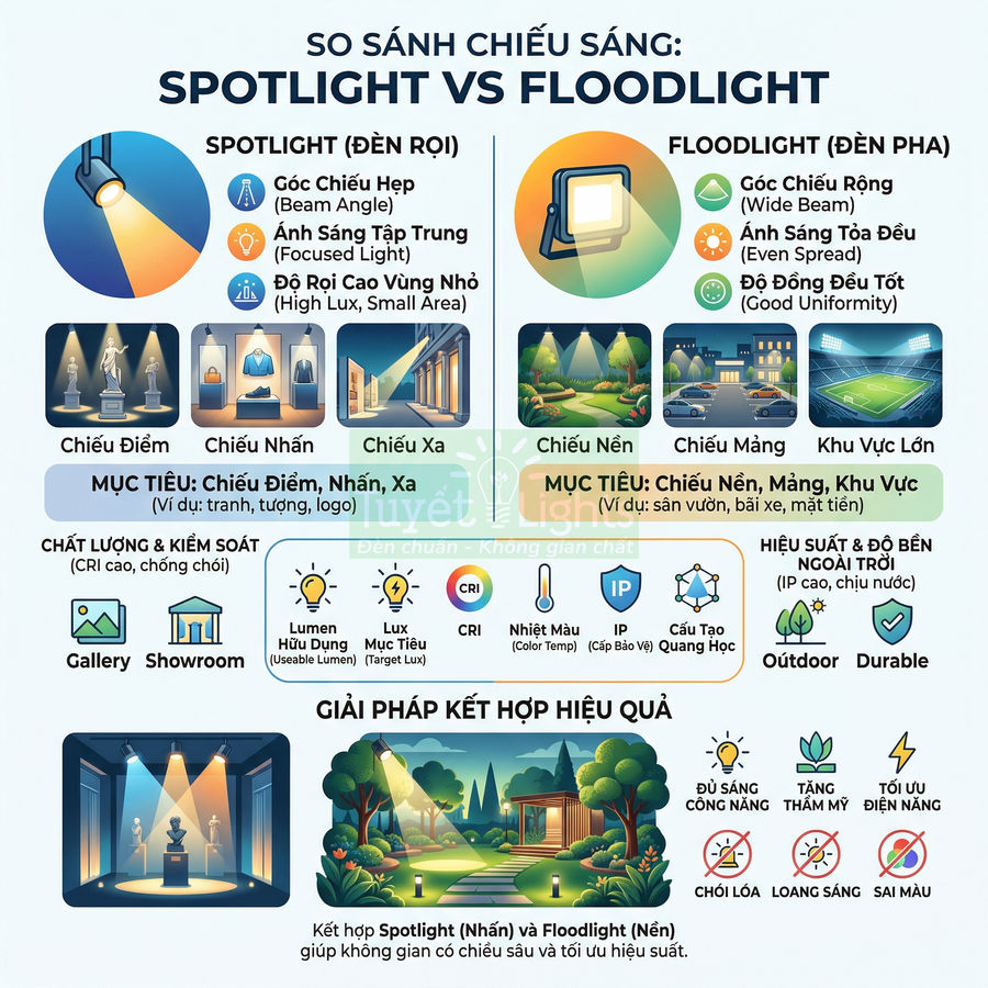 Đèn spotlight khác gì đèn floodlight trong chiếu sáng?