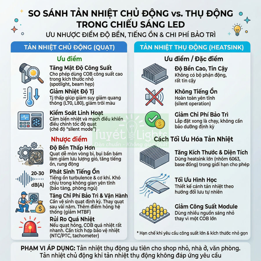 So sánh tản nhiệt chủ động bằng quạt và tản nhiệt thụ động heatsink trong chiếu sáng LED