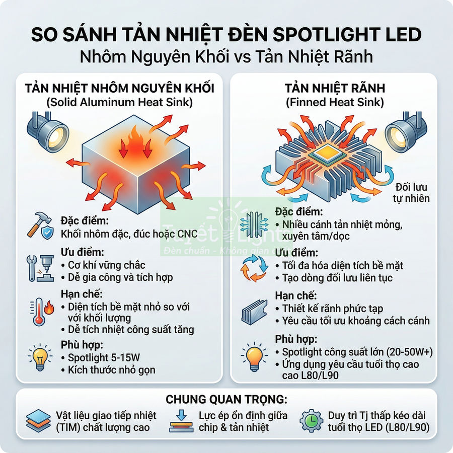 So sánh tản nhiệt đèn spotlight LED nhôm nguyên khối và tản nhiệt rãnh bằng hình minh họa chi tiết