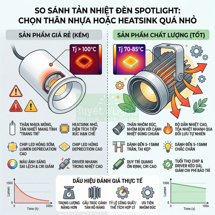 So sánh tản nhiệt đèn spotlight thân nhựa giá rẻ và đèn spotlight heatsink nhôm chất lượng cao