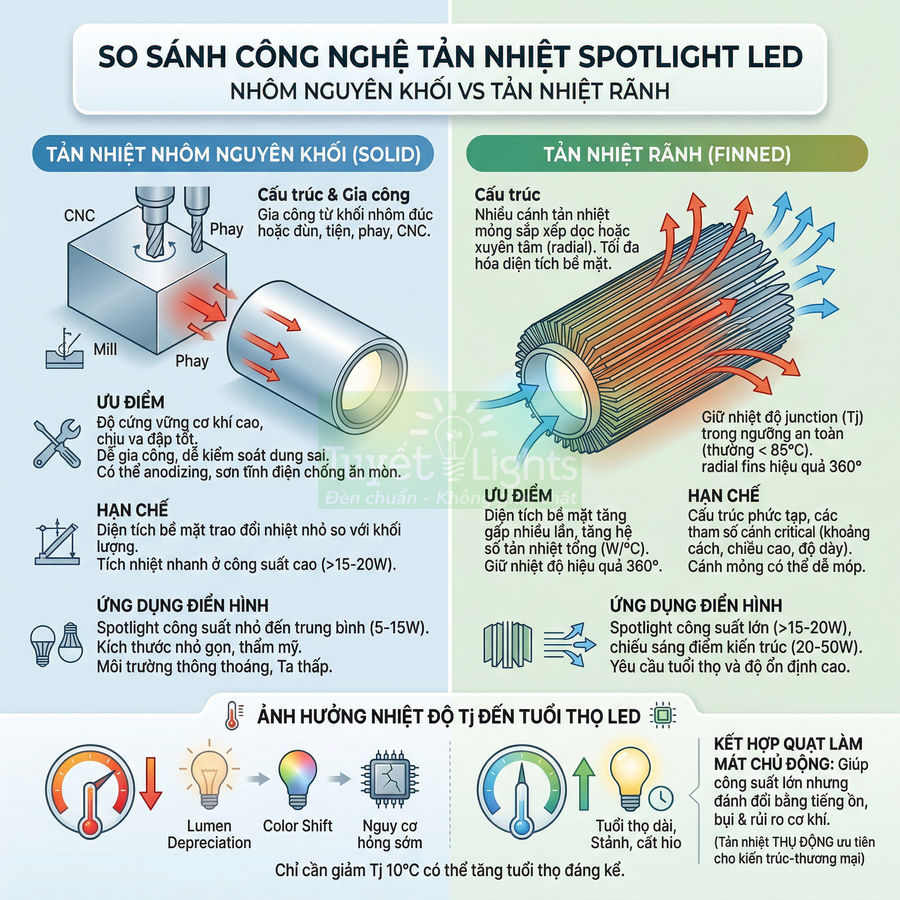 Infographic so sánh tản nhiệt spotlight LED nhôm nguyên khối và tản nhiệt rãnh, ưu nhược điểm và ứng dụng từng loại