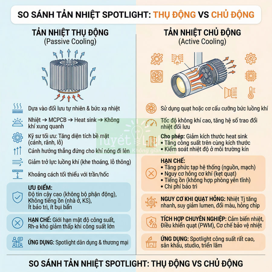 So sánh tản nhiệt spotlight thụ động và chủ động với hình minh họa cấu tạo và ưu nhược điểm từng loại